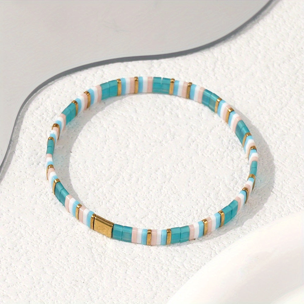 Bohemian Turquoise Tile Bracelet with turquoise, white and gold beads