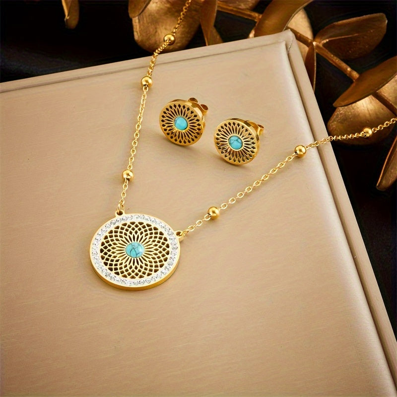 Elegant Turquoise Medallion Jewelry Set with necklace and earrings