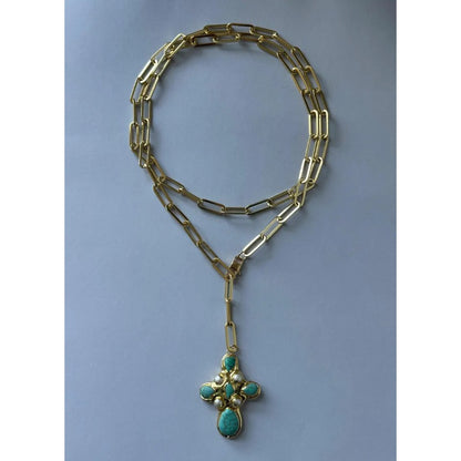 Full length of the Statement Turquoise Cross Lariat Necklace