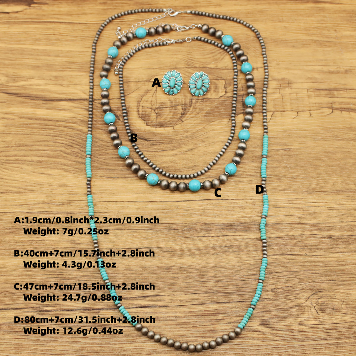 Turquoise Contrast Beaded Necklace & Earrings Set (5 pcs)