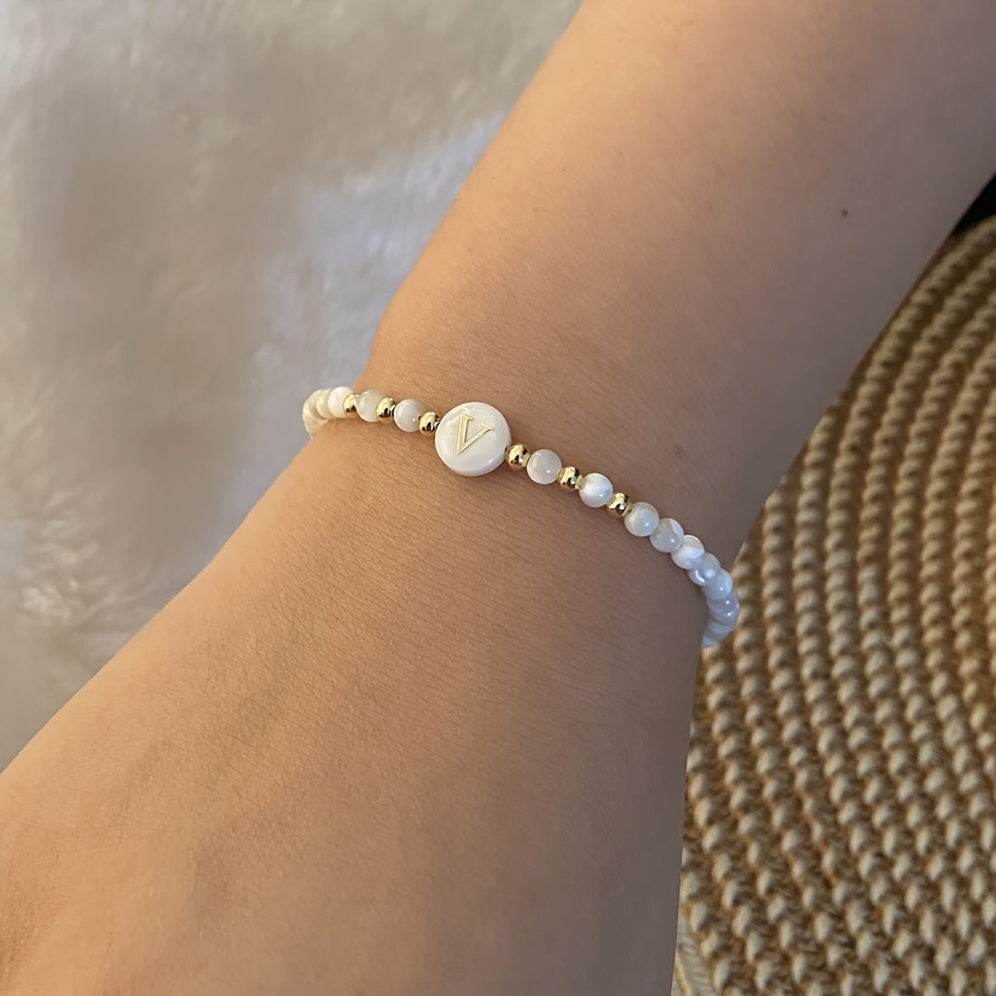 Elegant Initial Pearl Bracelet letter V