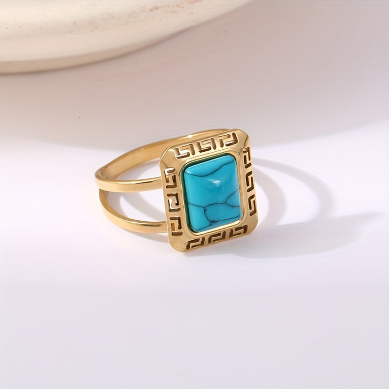 Vintage Turquoise Greek Key Ring in the square shape