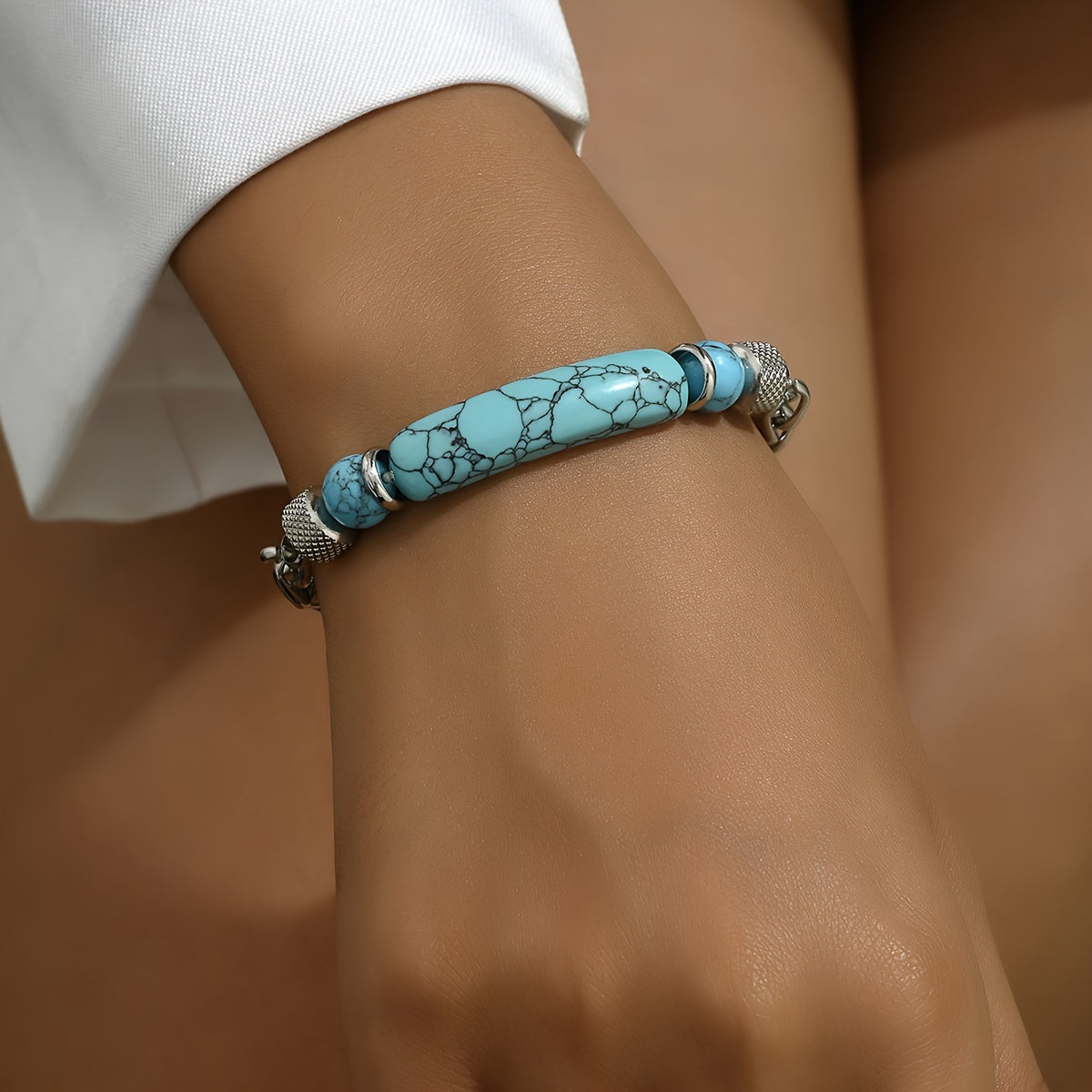 Close-up of the Elegant Silver Turquoise Bracelet on the wrist