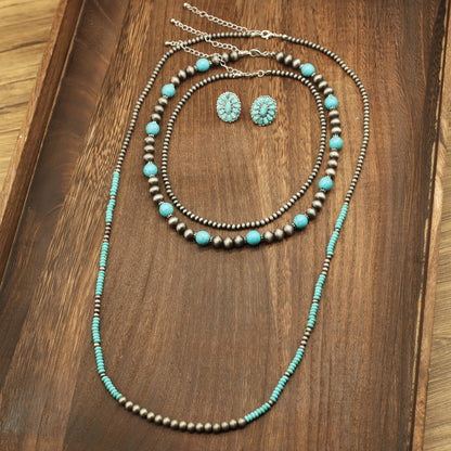 Turquoise Contrast Beaded Necklace & Earrings Set (5 pcs)