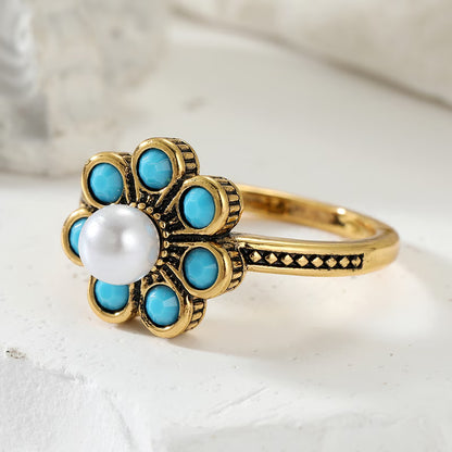 Elegant Floral Turquoise Pearl Ring