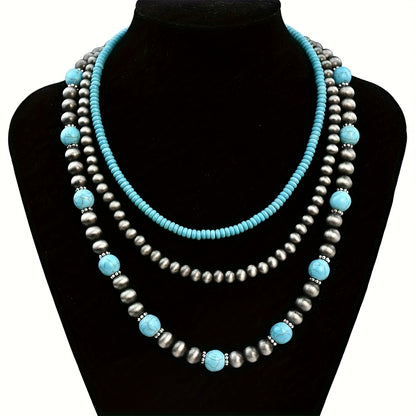 Retro Turquoise Layered Necklace 3 piece Set