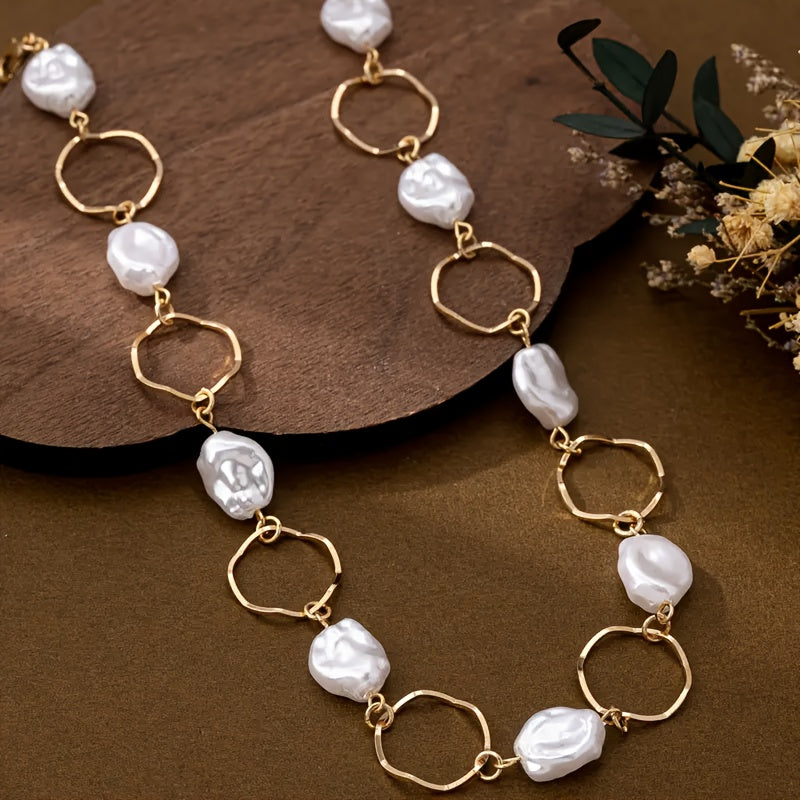 Vintage Baroque Pearl Link Necklace with gold geometric links