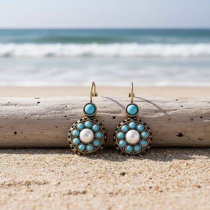 Premium Pearl Bloom and Turquoise Earrings