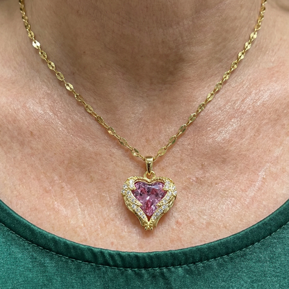 Elegant Rosé Sapphire Heart Gold Necklace
