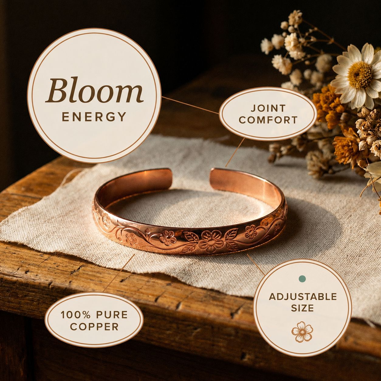 Adjustable Bloom Copper Bracelet