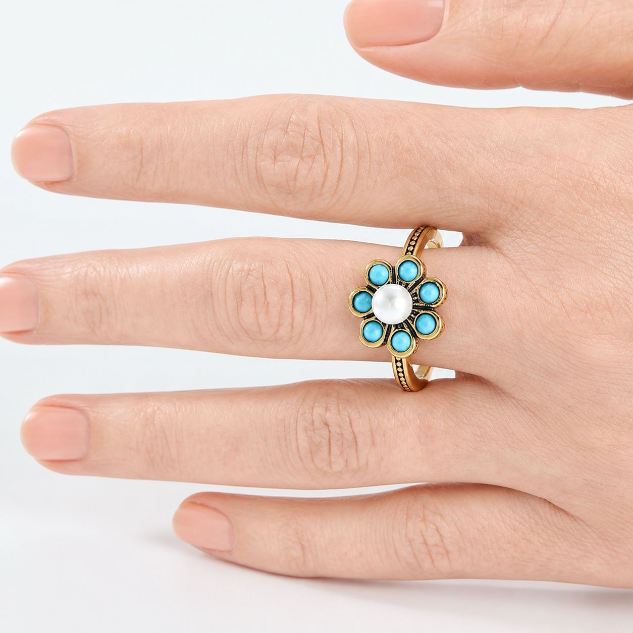 Elegant Floral Turquoise Pearl Ring