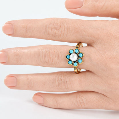 Elegant Floral Turquoise Pearl Ring