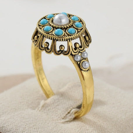 Premium Floral Turquoise Pearl Ring