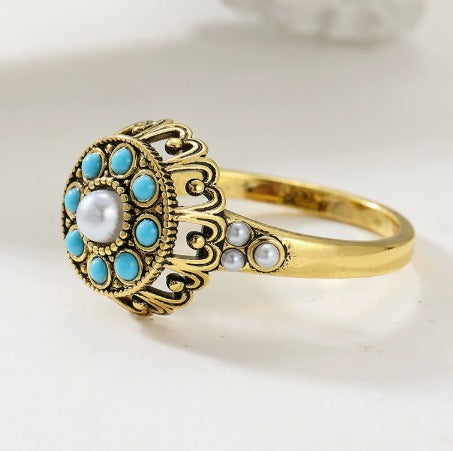 Premium Floral Turquoise Pearl Ring