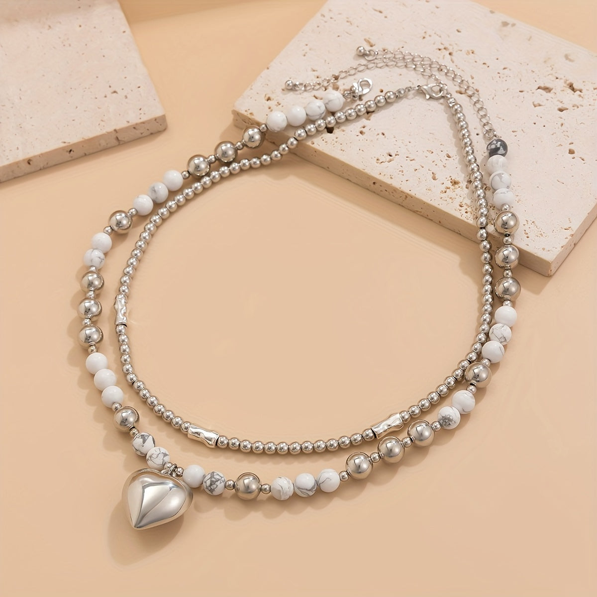 Vintage Silver Heart Necklace Set of 2 shown together
