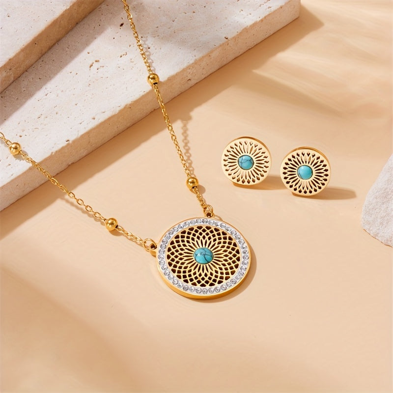 Close-up of the golden openwork medallion pendant