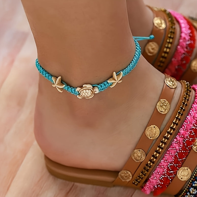 Adjustable Turquoise Sea Turtle Anklet styled with sandals