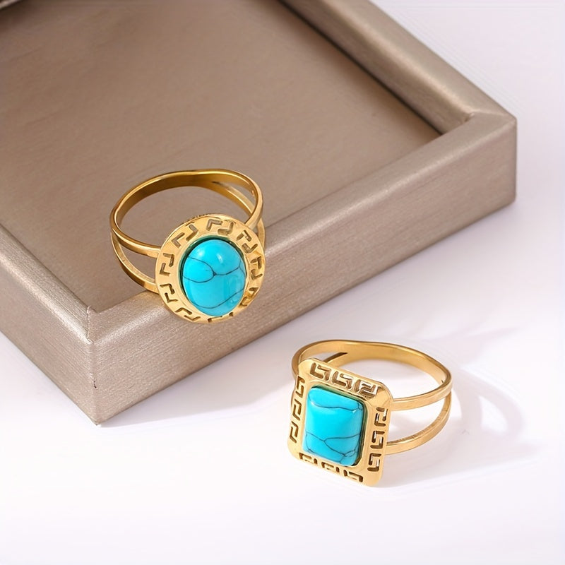 Square and round Vintage Turquoise Greek Key Rings side by side