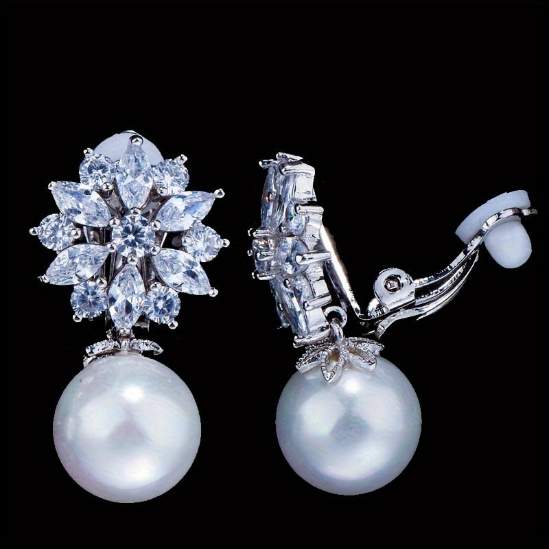 Elegant Pearl Drop Zirconia Clip Earrings