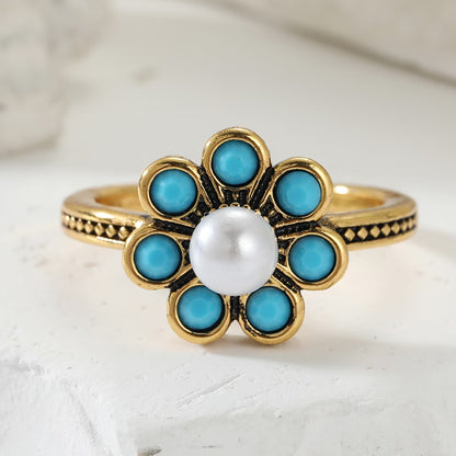 Elegant Floral Turquoise Pearl Ring