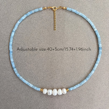 Minimal Aquamarine Turquoise and Pearl Necklace