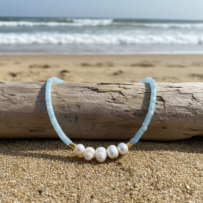 Minimal Aquamarine Turquoise and Pearl Necklace