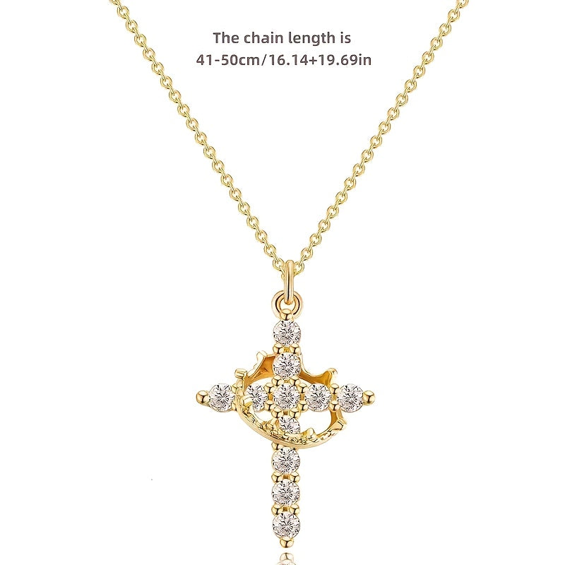 Radiant Crystal Cross Necklace on a wood box