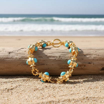 Elegant Turquoise Cabochon Link Bracelet styled at the beach