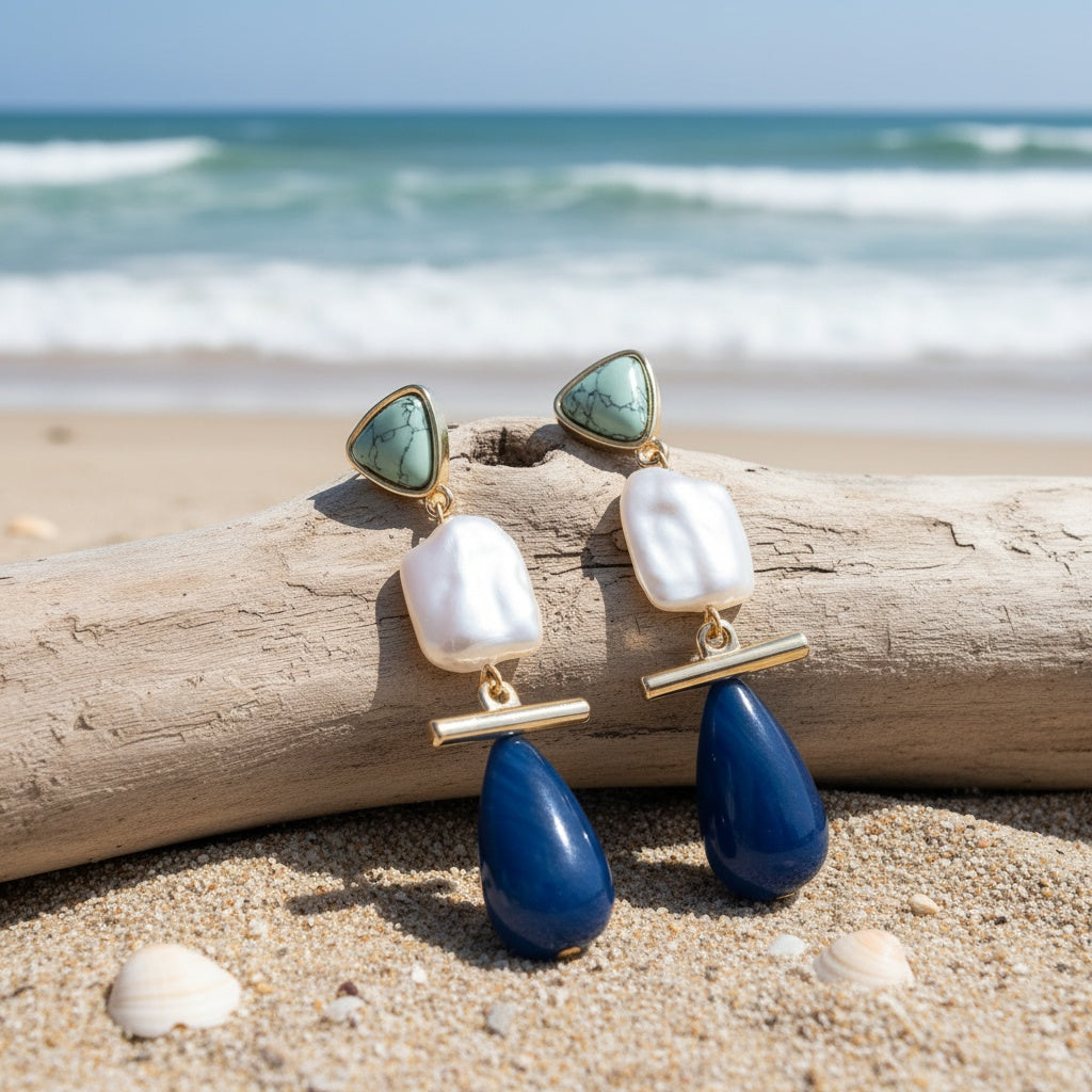 Luxe Turquoise Pearl Drop Earrings styled on the beach