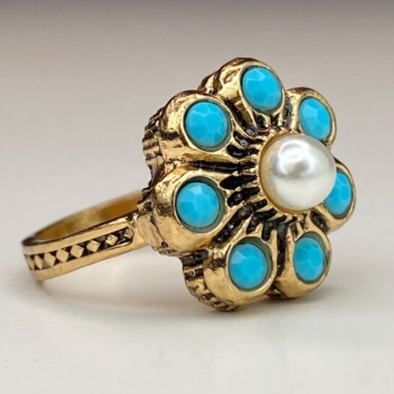 Elegant Floral Turquoise Pearl Ring