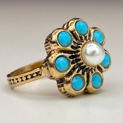Elegant Floral Turquoise Pearl Ring