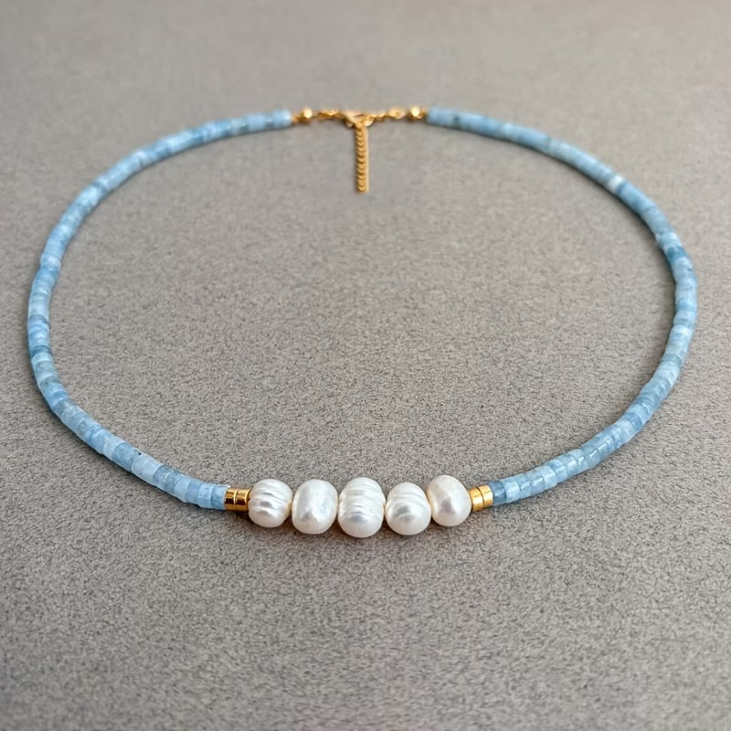 Minimal Aquamarine Turquoise and Pearl Necklace