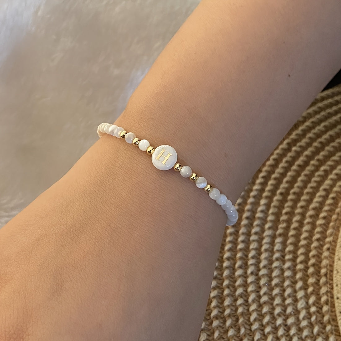 Elegant Initial Pearl Bracelet letter H