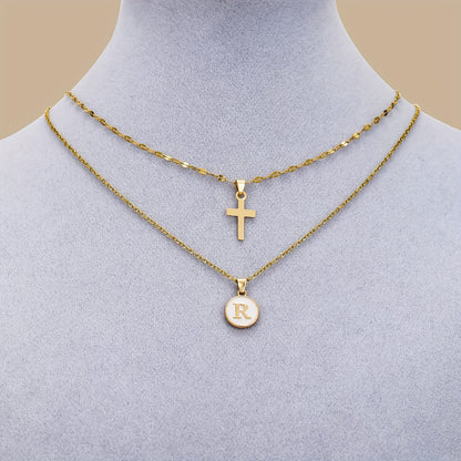 Timeless Cross & Initial Necklace Set worn on the neckline