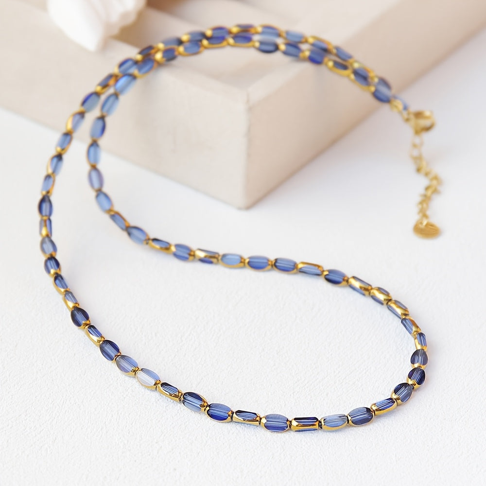 Vintage Iridescent Oval Bead Necklace in dark blue