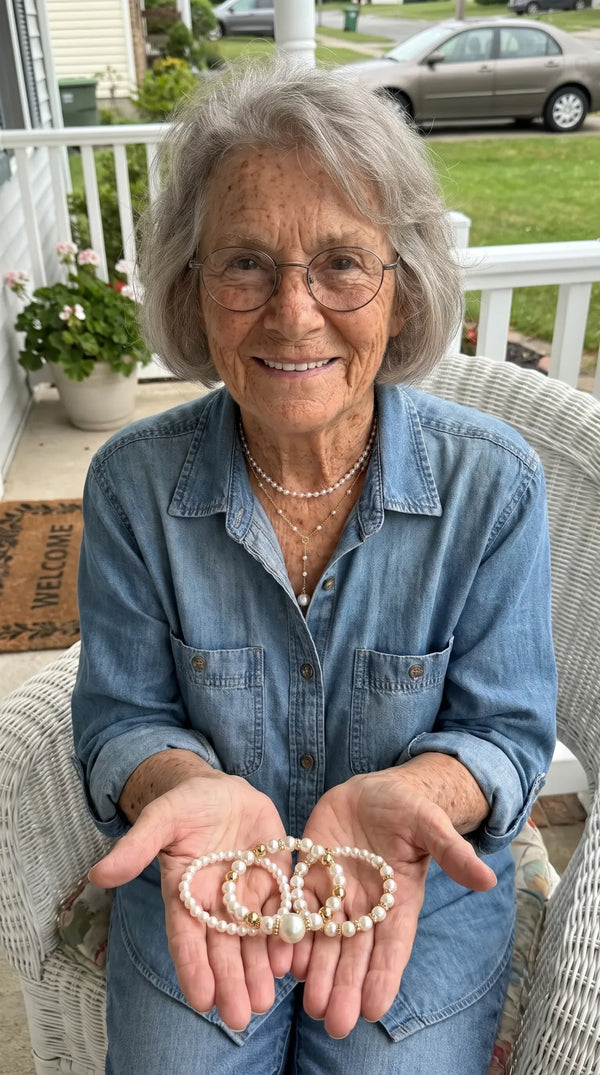 Customer holding her pearl bracelets