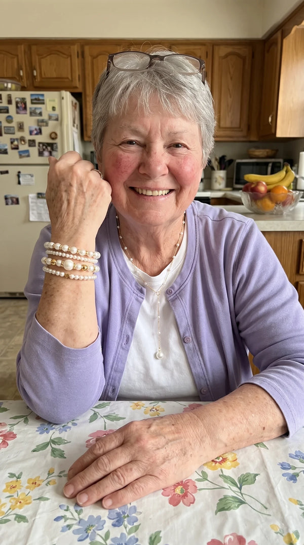 Customer wearing the Pearl Stacking Bracelet Set