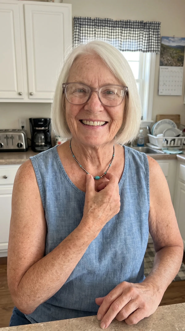 Customer wearing the Turquoise Necklace