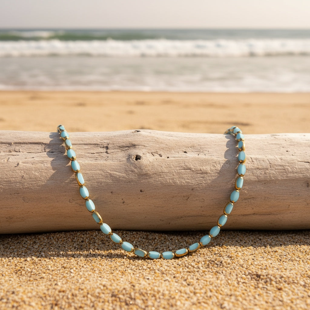 Vintage Iridescent Oval Bead Necklace styled at the beach