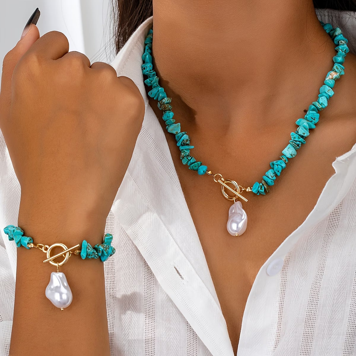 Elegant Turquoise & Pearl Necklace Bracelet Set
