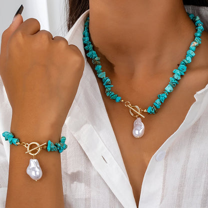 Elegant Turquoise & Pearl Necklace Bracelet Set