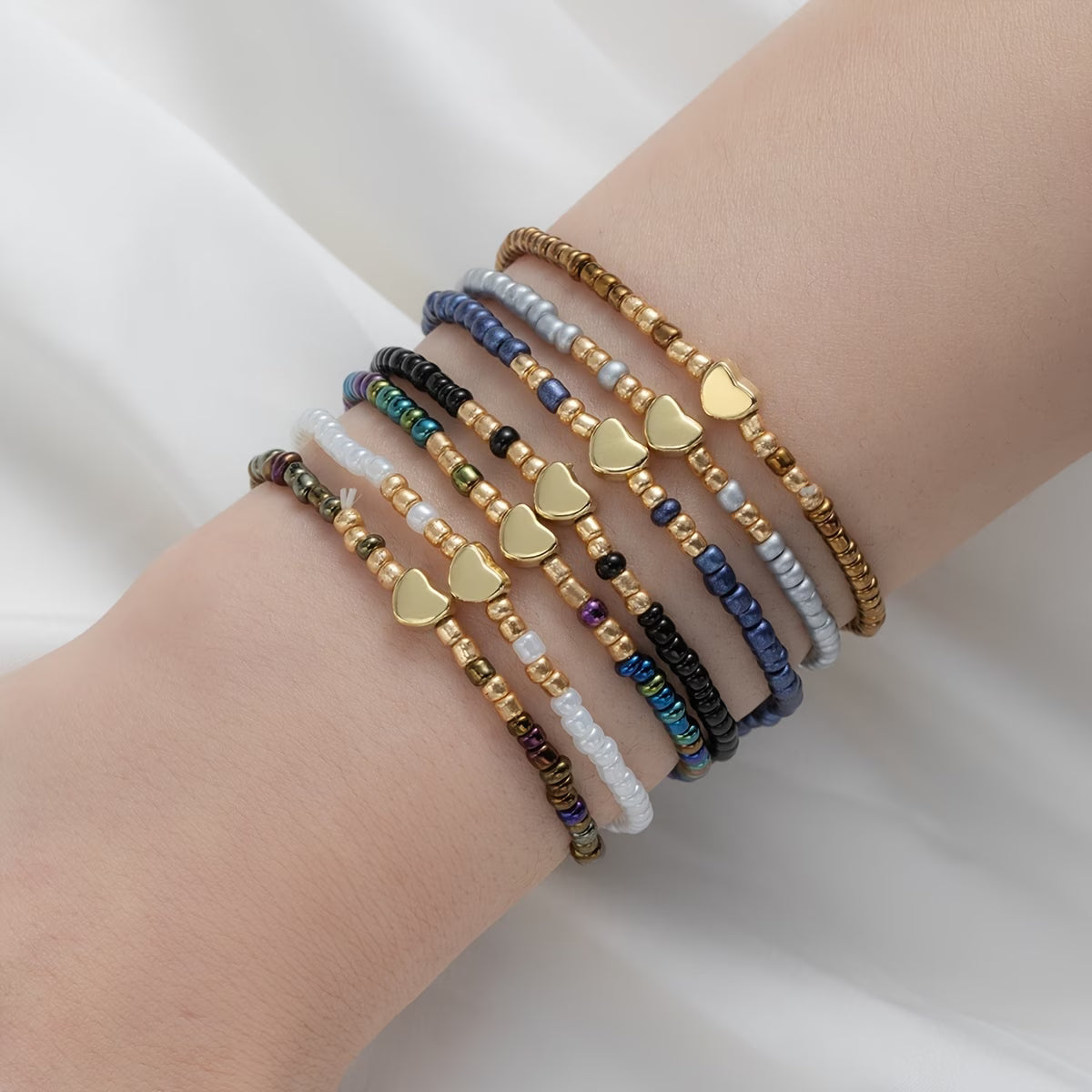 Subtle Heart Beaded Bracelet Set of 7