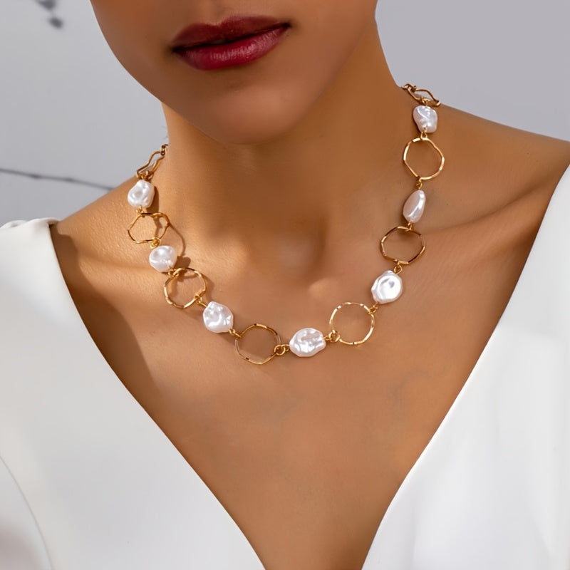 Vintage Baroque Pearl Link Necklace worn with a white blouse