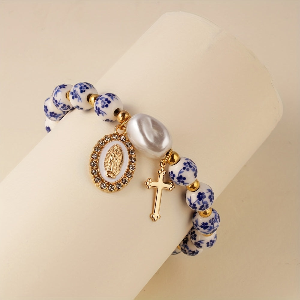 Bohemian Ceramic Faith Bracelet on a wood block