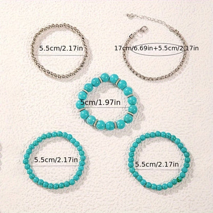 Big Turquoise Beaded Bracelet set of 5
