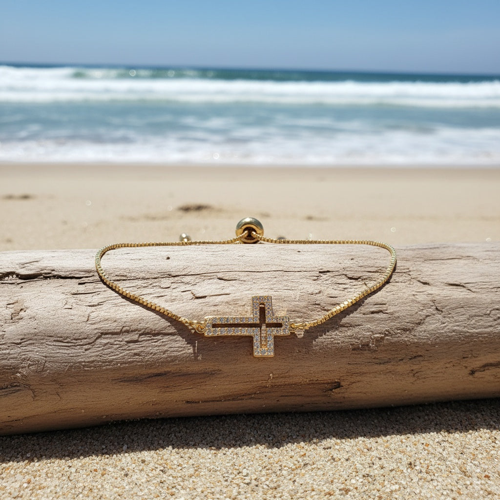 Classic Adjustable Cross Bracelet lifestyle shot outdoors