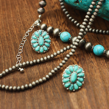Turquoise Contrast Beaded Necklace & Earrings Set (5 pcs)