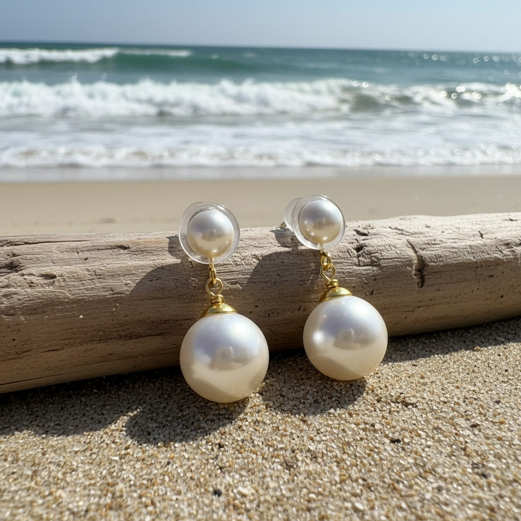 Vintage Round Pearl Clip Earrings styled at the beach