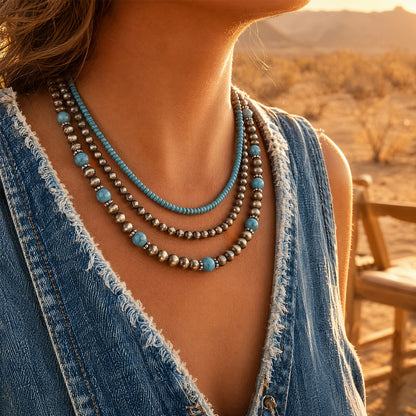 Retro Turquoise Layered Necklace 3 piece Set