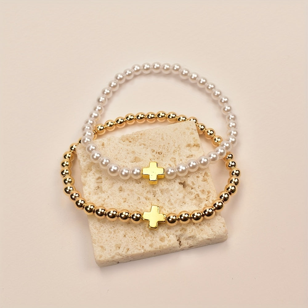 Delicate Pearl Cross Bracelet Set styled on gift box